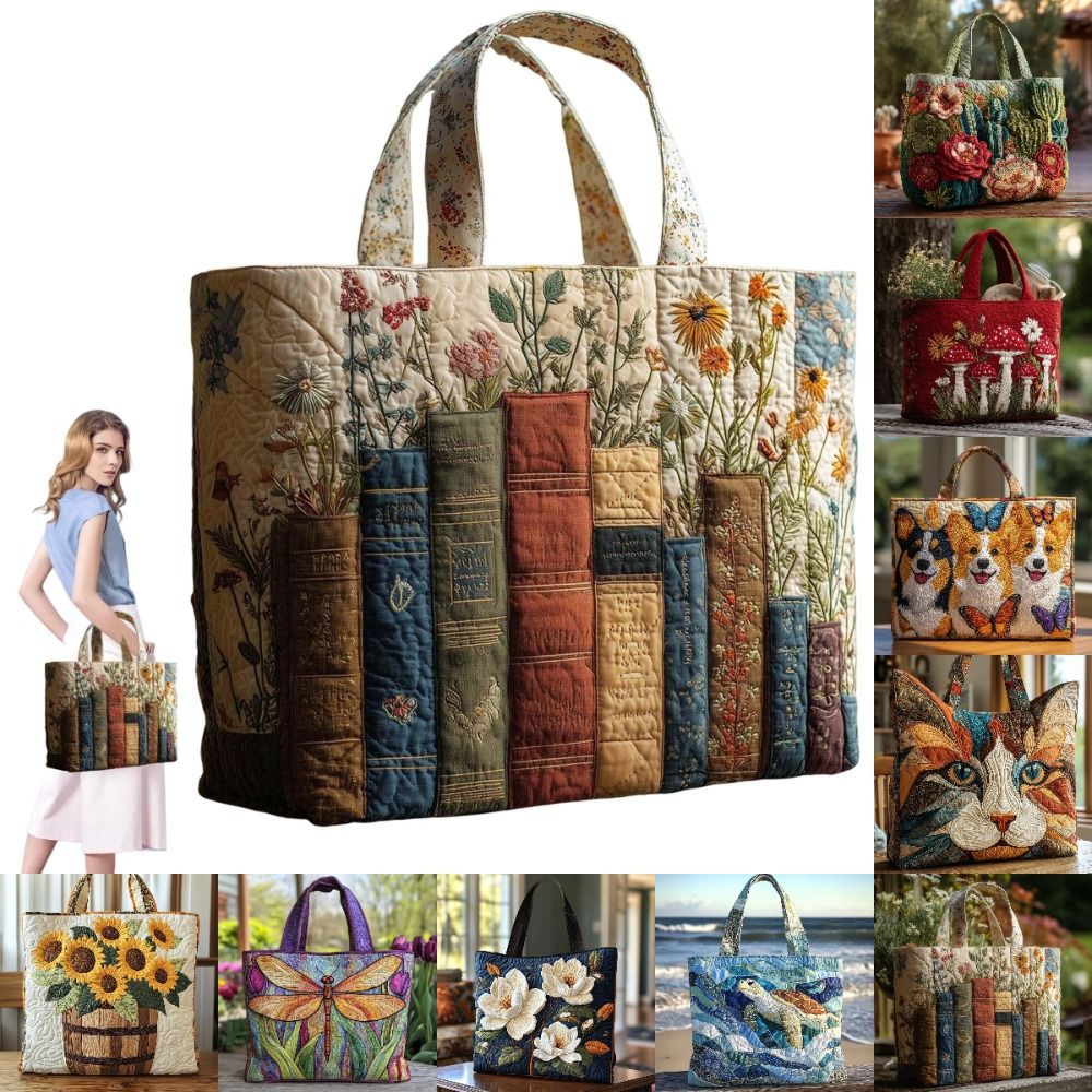 Canvas Tote Designer - ヴィンテージ女性用キルティングトートバッグ 3Dプリント柄 コットン製トラベルハンドバッグ 軽量大容量キャンバスショルダーバッグ