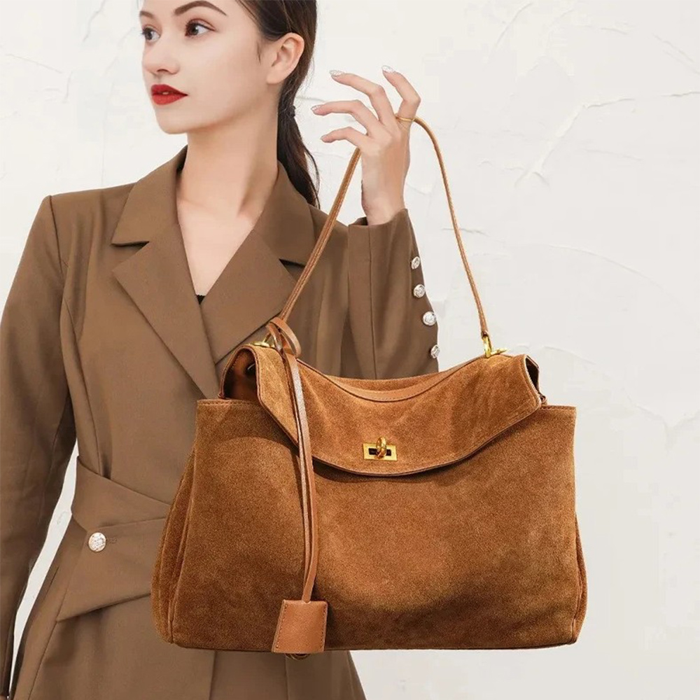 Luxury Tote Bags With Zipper - 秋冬女性のスエード本革バッグショルダーハンドバッグ大容量シングルトートバッグハンドバッグ高級デザイナーバッグ