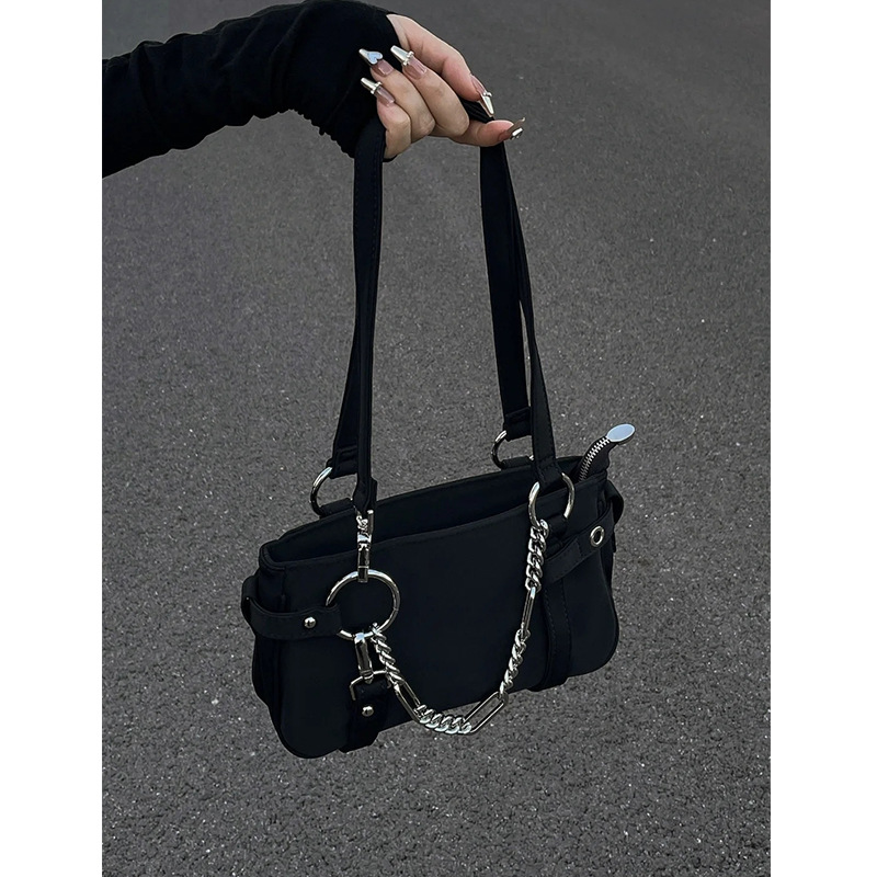 Canvas Tote Designer - ファッションデザインゴシックチェーンレディース脇の下バッグスイートクール Y2k 女性スクエアショルダーバッグブラックポップ女性トートハンドバッグ財布