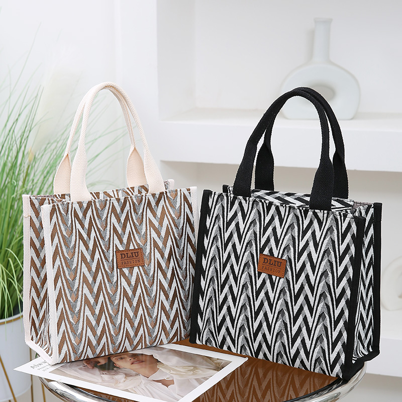 Canvas Tote Designer - シェブロンパターンキャンバストートバッグ、レトロレターパッチ装飾ハンドバッグ、レディースカジュアルショッパー&通勤バッグ