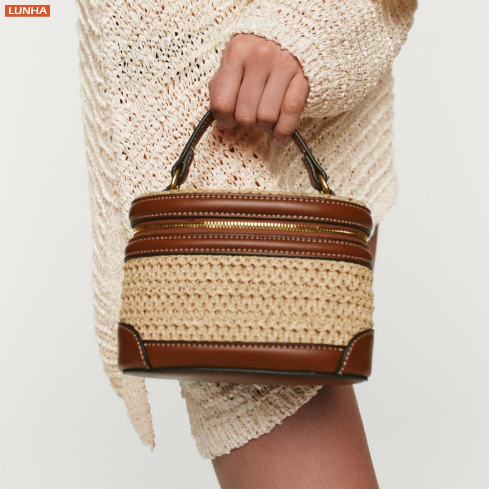 Luxury Bags For Summer - 女性用ミニクロスボディ織りボックスバッグ、バニティパースハンドバッグ、夏用編み込みシリンダークロスボディバケットバッグ、ラグジュアリーボヘミアンヴィンテージスタイル