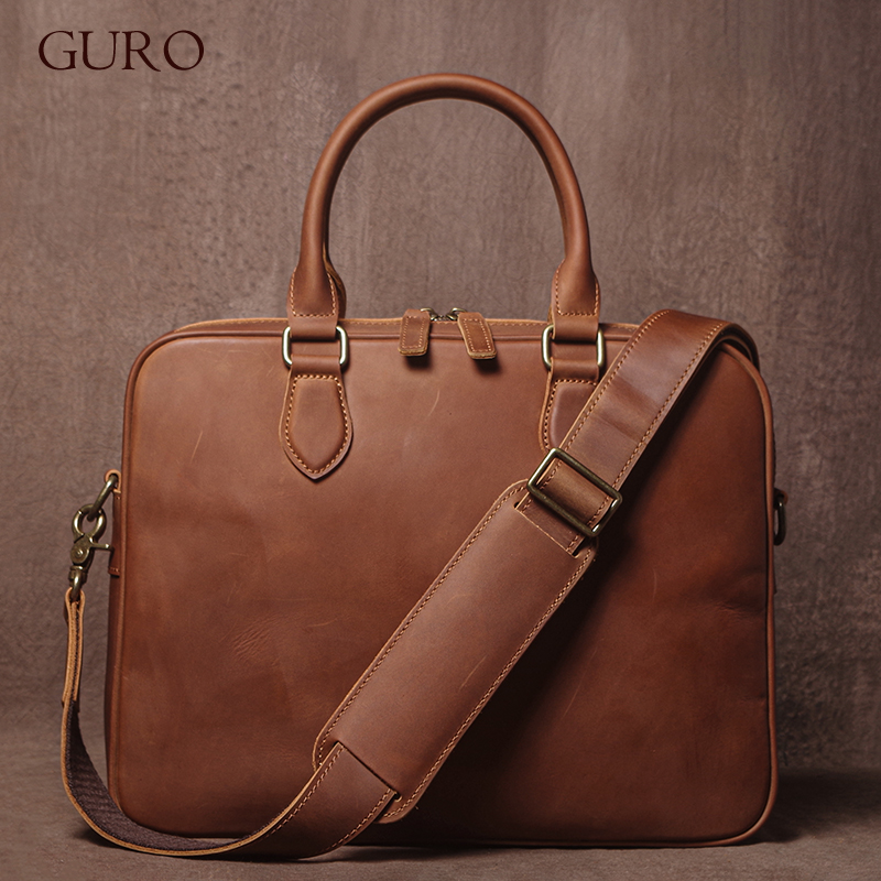 Luxury Tote Bags With Zipper - GURO 男性クレイジーホース牛革ブリーフケース高級本革ハンドバッグシンプルな軽量ショルダーバッグファイルラップトップクロスボディバッグ