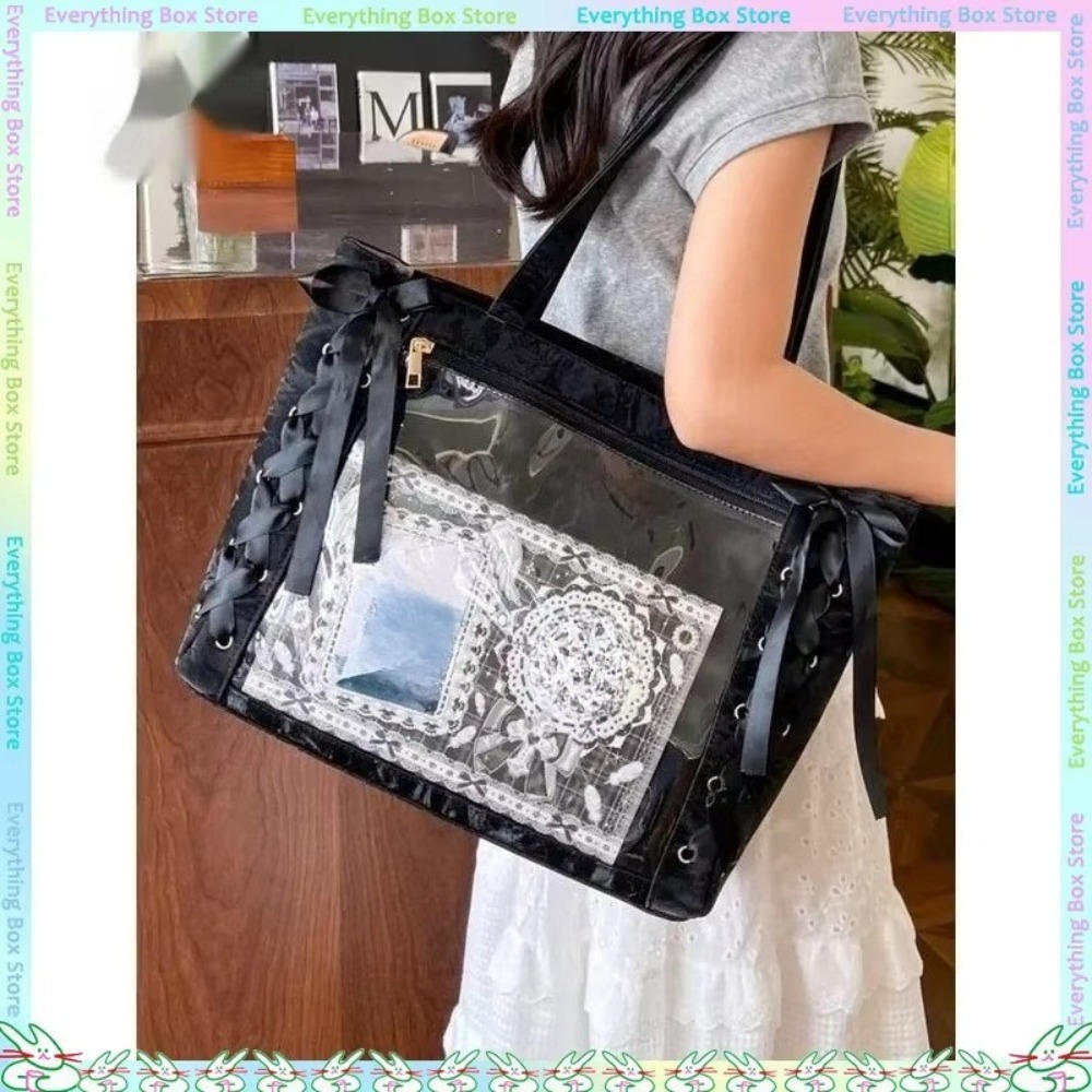 Luxury Tote Bags With Zipper - 多用途ファッションリボンイタバッグ大容量アニメバッグデイリーワンショルダートートバッグ高級透明ディスプレイハンドバッグ