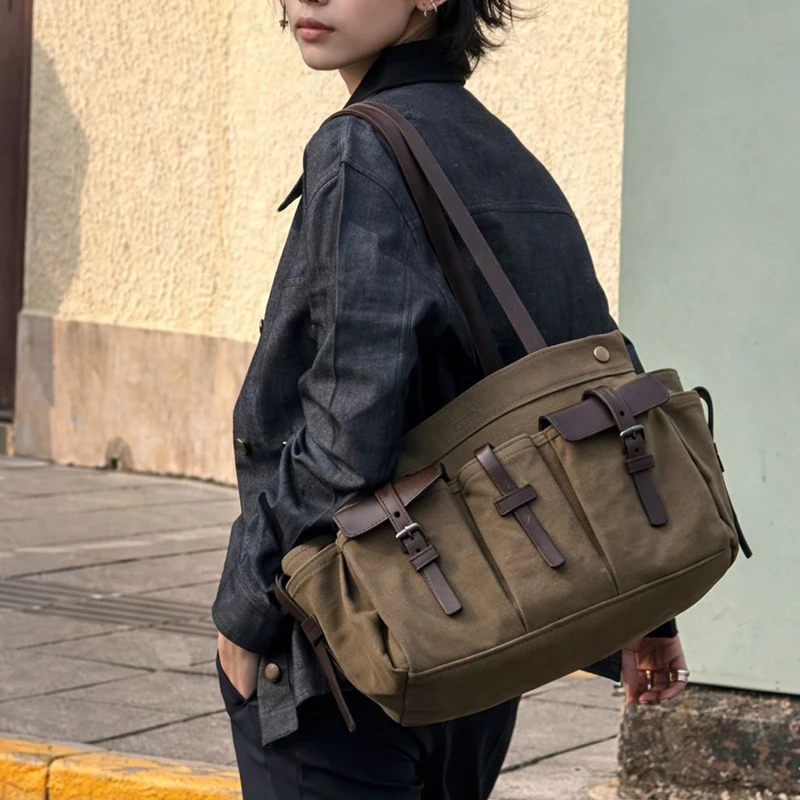高級キャンバスレザー多ポケットトートバッグ、女性用ジッパー開 - Canvas Tote Designer のレビューと価格