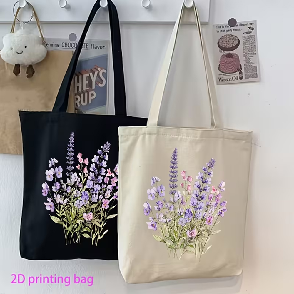 1ピース ラベンダーとパンジーの水彩画トートバッグ - 牧歌 - Canvas Tote Designer のレビューと価格