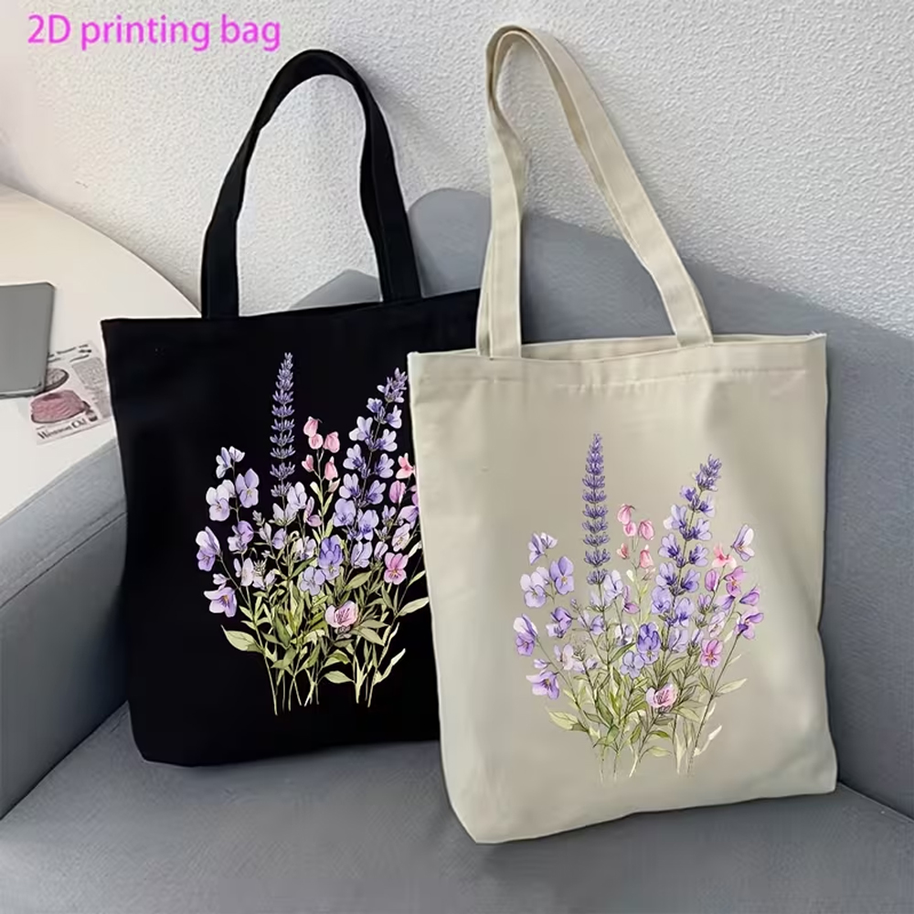 1ピース ラベンダーとパンジーの水彩画トートバッグ - 牧歌 - Canvas Tote Designer のレビューと価格