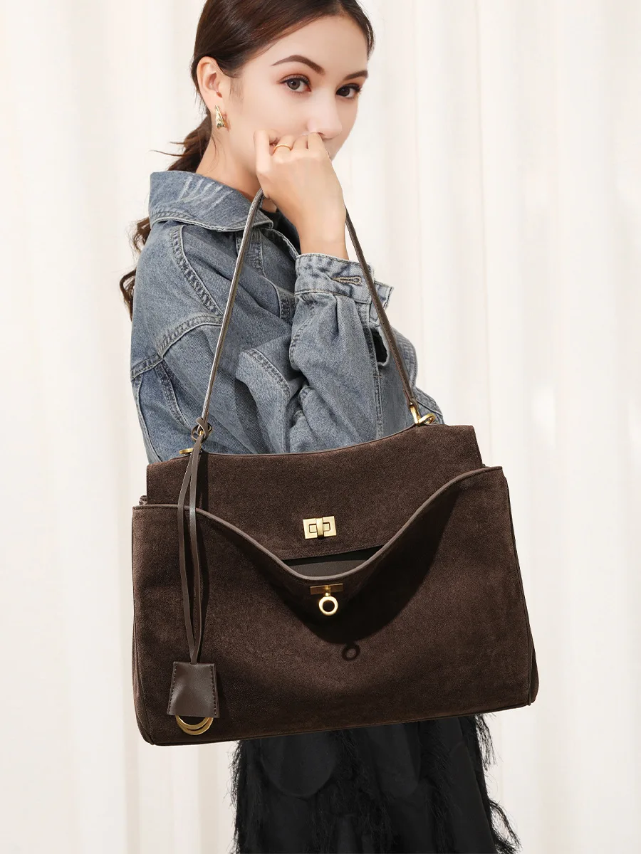 秋冬女性のスエード本革バッグショルダーハンドバッグ大容量シン - Luxury Tote Bags With Zipper のレビューと価格